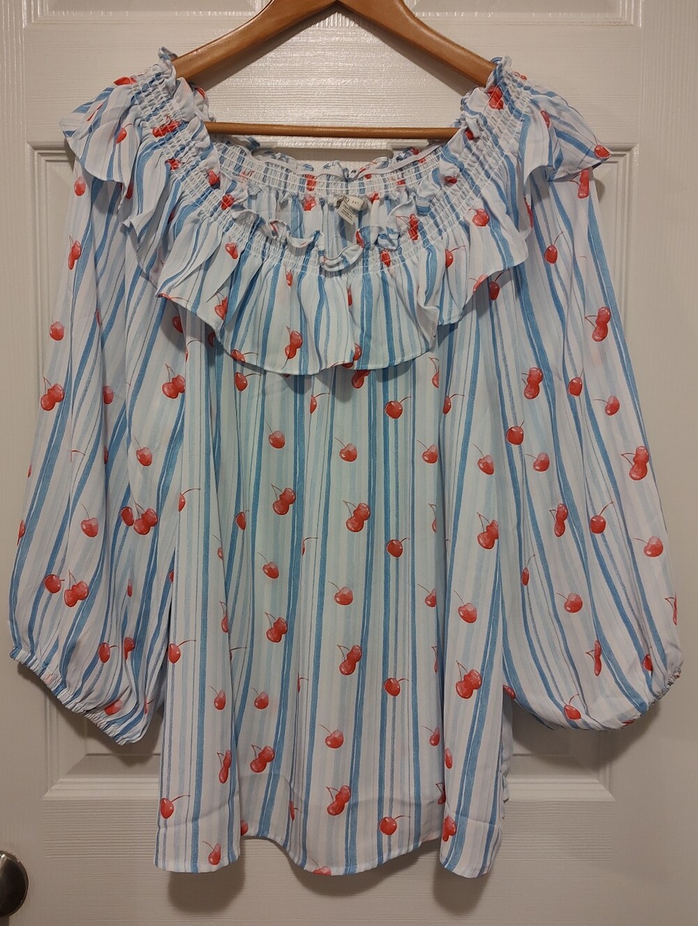Cato Off-Shoulder Ruffle Blouse in White with Blue Stripes and Red Cherry Print